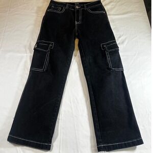 Telepathia Y2K Wide Leg Cargo Black Jeans Size 7/28 White Stitch Goth Skater